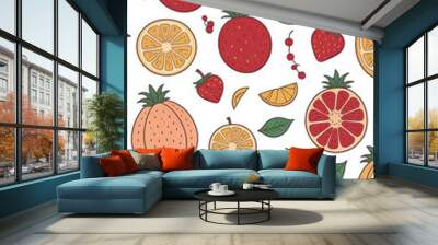 Illustrative and colorful representation of different fruits and leaves side by side Wall mural