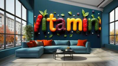 Illustrative representation of the word vitamins formed from different fruits and vegetables, adequate intake of vitamins for stable health Wall mural