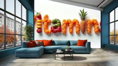 Illustrative representation of the word vitamins formed from different fruits and vegetables, adequate intake of vitamins for stable health Wall mural