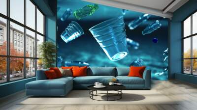 Plastic bottles and plastic parts float underwater in the ocean and pollute the sea - 3d illustration Wall mural