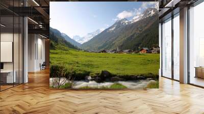 General view of the valley of Champagny le Haut, Vanoise National Park, Northern French Alps, Tarentaise, Savoie, France, with the hamlet Le Bois and two summits (Grande Casse and Grande Motte) Wall mural