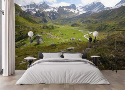 The valley of the petite Sassiere, Sainte Foy Tarentaise, Northern French Alps, Savoie, France, with the mountain refuge of Ruitor, the hamlet Sassiere and mountain streams Wall mural