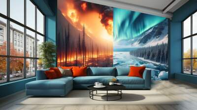 Ice and fire opposition - Illustration divided into two parts : ice on one side and fire on the other. Wall mural