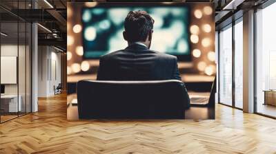 Man in suit seen from behind in front of a computer screen. Wall mural