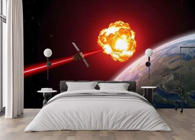 Satellite firing a red laser beam near an explosion. Wall mural