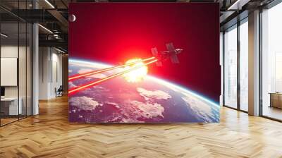 Satellite firing a red laser beam near an explosion. Wall mural