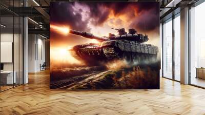 Tank in action on the battlefield Wall mural