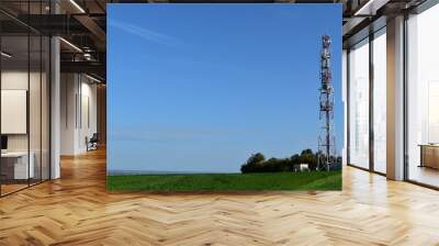 Telecommunication tower with radio antennas in a green environment. Electromagnetic and microwaves background/pollution. Wall mural