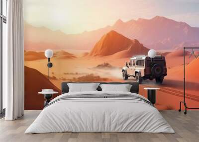 3d illustration of Safari and travel. Sahara desert at sunrise, mountain and snow landscape with dust on skyline. desert road advertisement, off road and desert isolated ads. Generative AI Wall mural