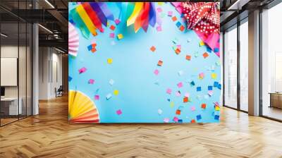 A vibrant and celebratory scene for Pride Month with rainbow flags, diverse LGBTQ+ symbols, and supportive hands against a colorful rainbow background Wall mural