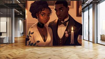 A Young Black Couple Enjoying Having a Romantic Dinner - Generative AI Wall mural