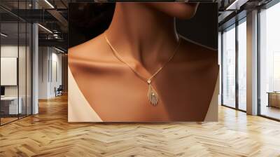 black model wearing a white dress with low neckline and a gold necklace with diamond pendant, closeup Wall mural