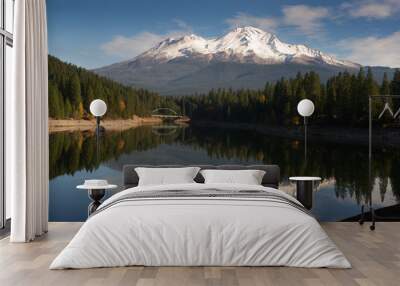 Mt Shasta Reflection Mountain Lake Modest Bridge California Wall mural