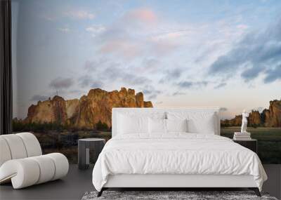 The Moon Sets as Sun Rises on Smith Rock Oregon Wall mural