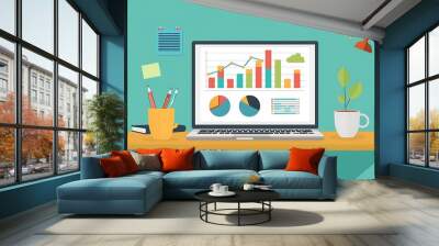 Colorful illustration of business charts and a laptop on a desk, emphasizing business planning and strategy with a portrait shot Wall mural