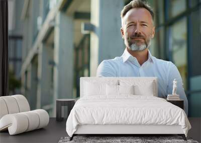 Company leader standing in front of a building, portrayed in a portrait shot against a plain background Wall mural