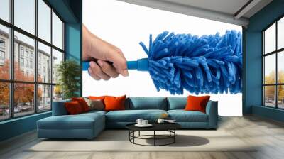 hand holding Blue duster microfiber for cleaning the house isolated on white background Wall mural