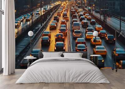 Heavy traffic on a city bridge with cars moving slowly Wall mural