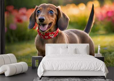 Cute Brown Dachshund with Red Bandana in a Sunny Garden – Happy Puppy Outdoors Wall mural