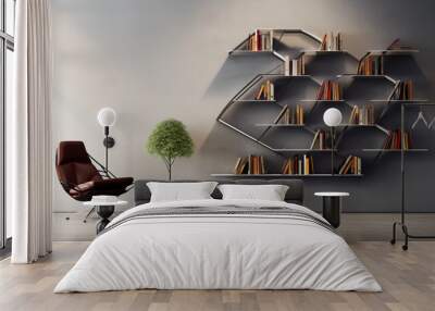 modern minimalistic metal and wood bookshelf on a concrete wall Wall mural