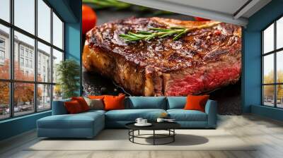 well done beef steak with rosemary, closeup 8k Wall mural