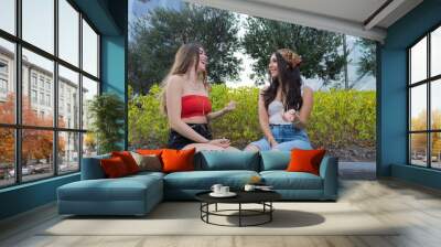 two young ladies talking in the park about a flowerpot, spring day with green trees and blue sky Wall mural