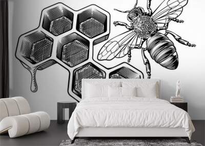 A bumble bee or bumblebee and a honeycomb dripping with comb honey in a vintage woodcut retro style Wall mural