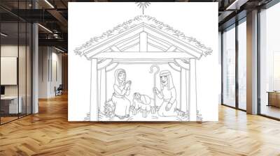 A Christmas nativity coloring scene cartoon, with baby Jesus, Mary and Joseph in the manger and guiding star above.  Wall mural