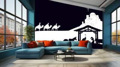 A Christmas nativity scene with baby Jesus in the manger, wise men and city of Bethlehem in the background Wall mural