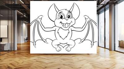 A cute Halloween bat cartoon character in black and white outline, could be used as coloring book page Wall mural