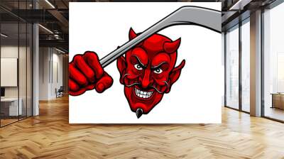 A devil or satan ice hockey sports mascot cartoon character holding a stick Wall mural