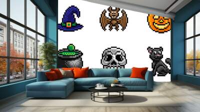 A Halloween eight bit retro video game style pixel art icon set Wall mural