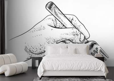 A hand holding a fork for eating food in a vintage retro engraved or etched woodcut print style Wall mural