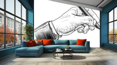 A hand in business suit holding a pencil in a vintage retro engraved or etched woodcut print style Wall mural