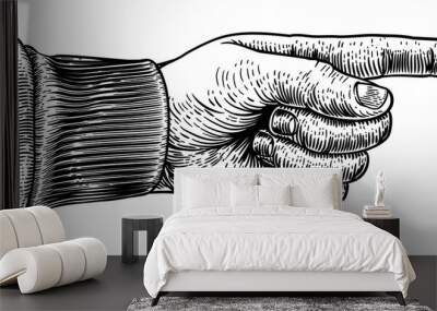 A hand pointing a finger in a direction sign. In a vintage antique engraving woodblock or woodcut style. Wall mural