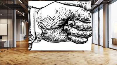 A hand pointing a finger in a direction sign. Wearing a business suit in a vintage antique engraving woodblock or woodcut style. Wall mural