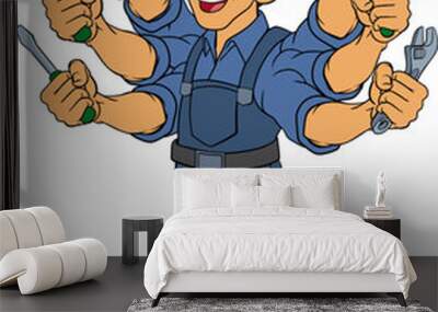 A handyman cartoon handy man caretaker construction worker or maintenance man multitasking caretaker concept. Wall mural