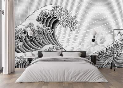 A Japanese great wave design in a vintage retro engraved etching woodcut style Wall mural