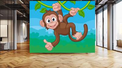 A monkey cartoon character singing on jungle vines and giving a thumbs up Wall mural