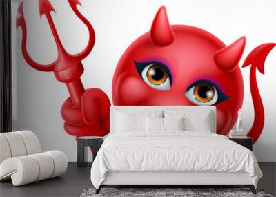 A red devil or satan emoji emoticon female woman face holding a trident, pitchfork or pitch fork cartoon icon mascot. Wall mural