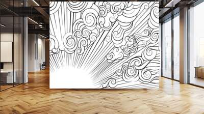 A sky with sunrise, sun rise, and clouds illustration background in an abstract vintage woodcut or engraved linocut etched style. Wall mural