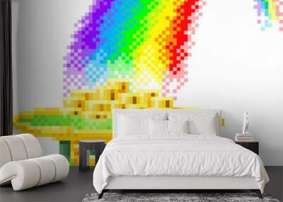 A St Patricks Day leprechaun hat full of gold coins at the end of a rainbow icon. In pixel art 8 bit arcade video game style graphic illustration Wall mural