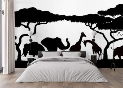 African safari animals and trees in silhouettes scene Wall mural