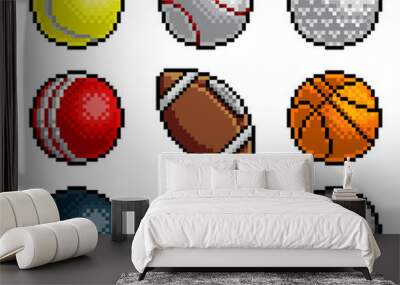 An 8 bit pixel art style video arcade game cartoon sports balls icon set Wall mural