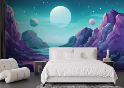 An alien planet outer space landscape cartoon science fiction futuristic fantasy video game background. Seamlessly tilable horizontal tile pattern. Wall mural