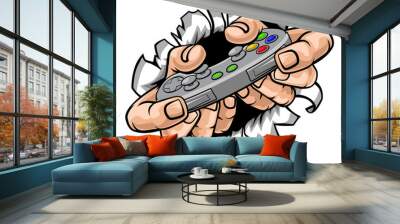 An illustration of gamer hands holding a video game controller breaking wall or background Wall mural