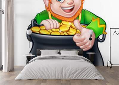 Cartoon St Patricks Day Leprechaun and Pot of Gold Wall mural