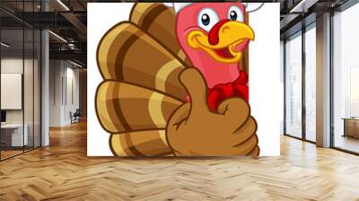 Chef Turkey Thanksgiving or Christmas bird animal cartoon character. Wearing a chefs hat and peeking around a background sign giving a thumbs up Wall mural