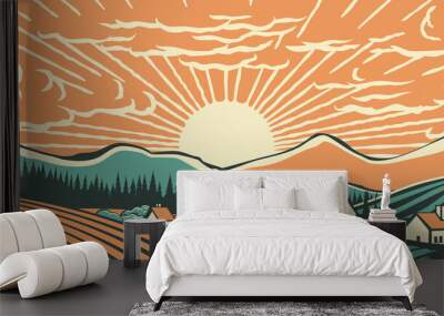 Fields Rolling Hills Sunrise Farm Land Background Wall mural