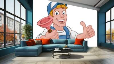 Plumber or handyman cartoon mascot holding a plumbing drain or toilet plunger. Peeking over a sign and giving a thumbs up. Wall mural